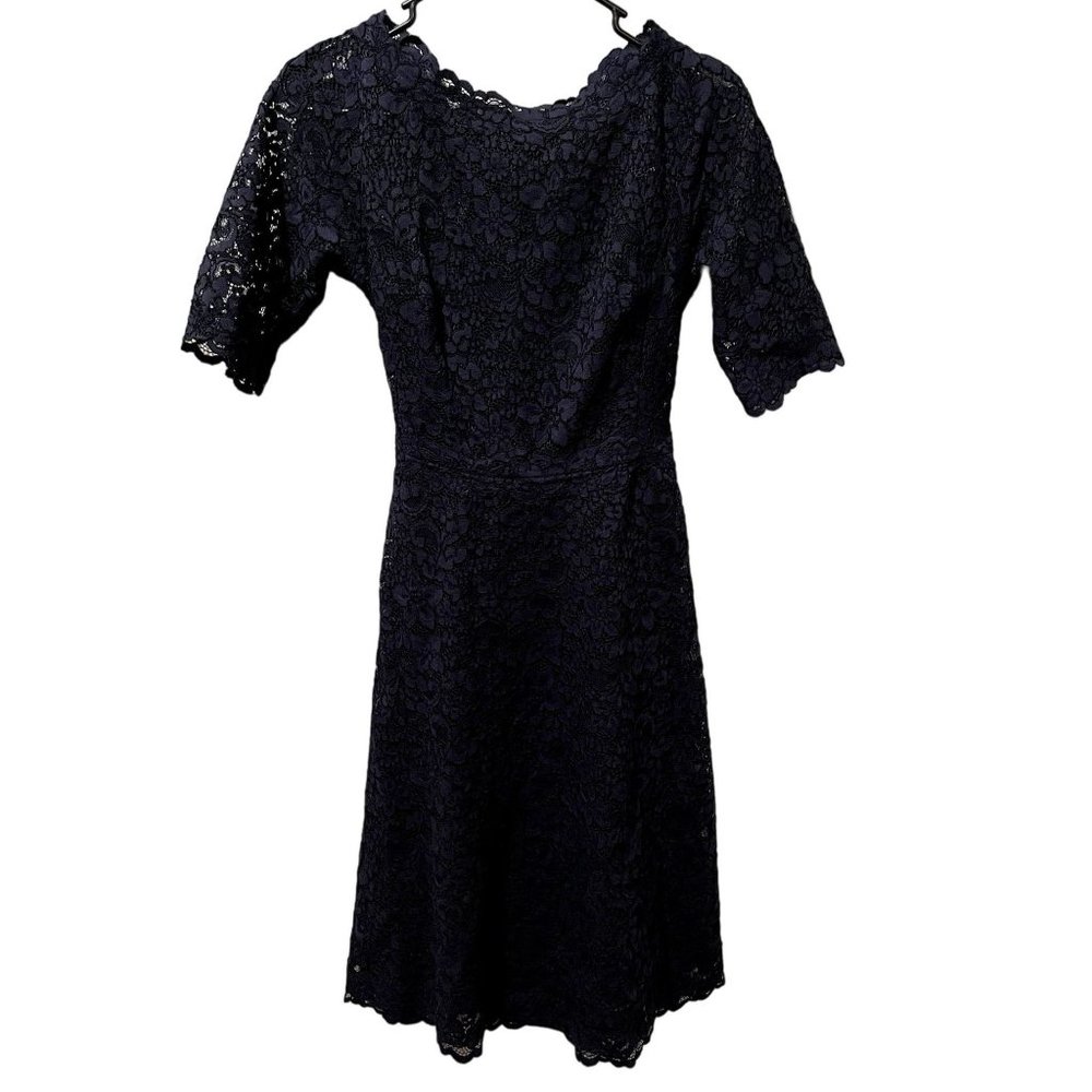 Rickie Freeman Teri Jon Navy Blue Floral Lace Cocktail Dress‎ Belted Size 4 q1